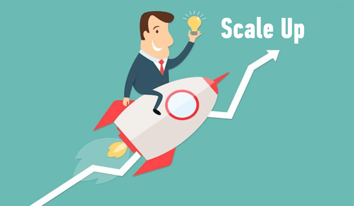 Cartoon man riding a cartoon rocket up a growth graph with the caption 'scale up' | Secure data sharing blog featured image.